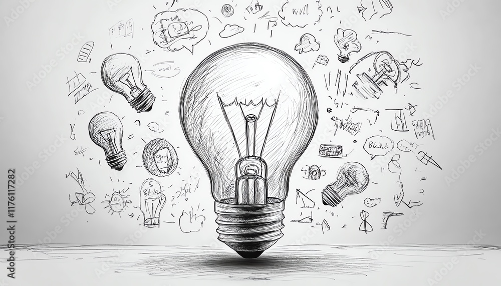Poster light bulb shining brightly with scattered creative idea sketches, representing innovation and optim