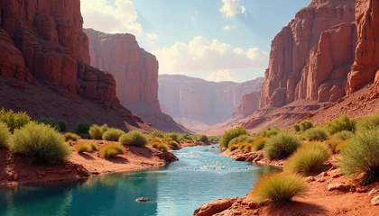 Scenic river flowing through red rock canyon landscape