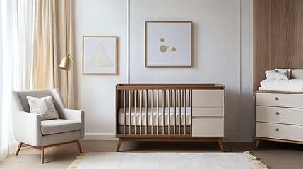 Modern Nursery Room Design: Elegant Crib, Changer, and Armchair