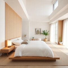 a serene and modern bedroom designed with a minimalist aesthetic. Bed. Tatami Mat. Natural Light. Flooring. Nightstand. Artwork. Greenery.

