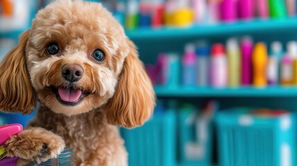 This charming image features a fluffy poodle in a grooming salon, capturing the essence of playful companionship and joy in pet care, emphasizing the bond between pets and their owners.