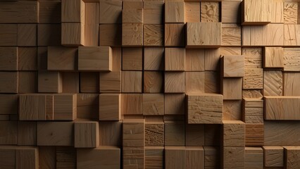 Square, 3D Wall background with tiles. Natural, tile Wallpaper with Timber, Wood blocks. Generative AI