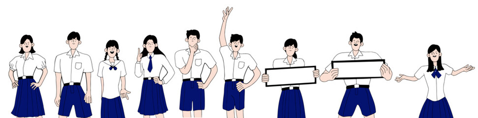 Fototapeta premium Character Thai Student School uniform in Thailand, illustration
