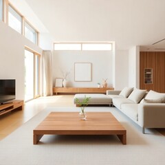 a bright and contemporary living room that emphasizes simplicity and comfort. Sofa. Coffee Table. Lighting. Rug.  Decorative Plants. Artwork. Accent Chair

