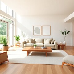 a bright and contemporary living room that emphasizes simplicity and comfort. Sofa. Coffee Table. Lighting. Rug.  Decorative Plants. Artwork. Accent Chair

