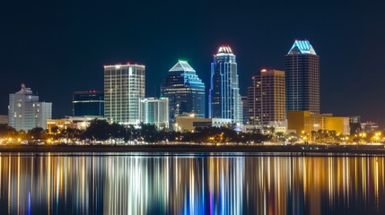 Naklejka premium City skyline illuminated at night with colorful lights reflecting on water