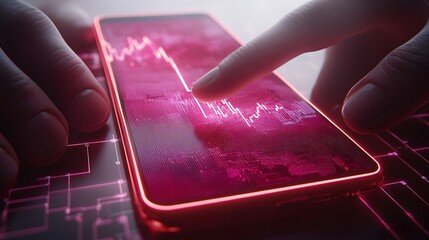 Hands touch smartphone with falling graph, urban background. Possible stock photo use