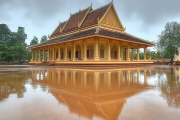 Naklejka premium Cambodian temple flooded courtyard reflection, rainy season.
