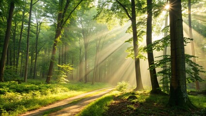 Obraz premium Beautiful rays of sunlight in a green forest