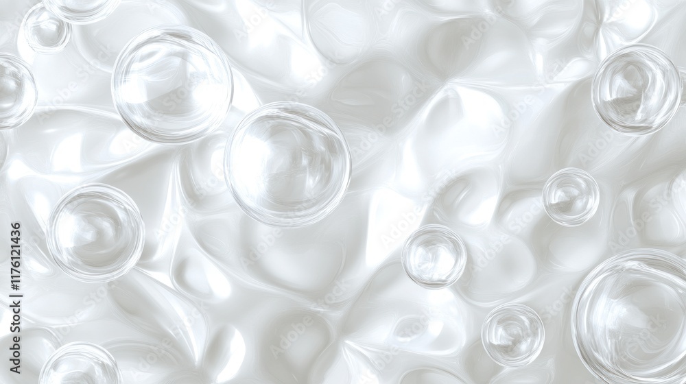 Poster abstract white background with translucent bubbles on wavy surface.