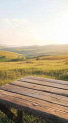 serene landscape with wooden table overlooking rolling hills at sunset