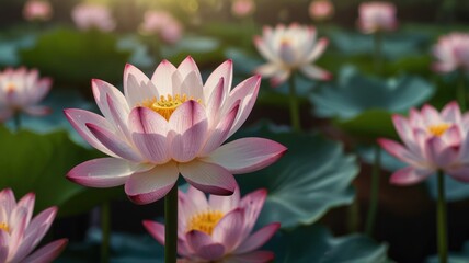 Obraz premium Pink lotus flowers blooming in a pond at sunrise.