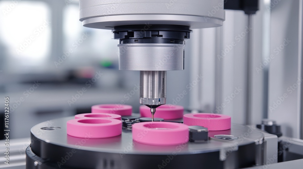 Poster precision manufacturing process with automated machinery focusing on pink components in a modern ind