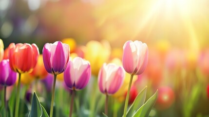 Bright spring tulips bloom in vibrant colors under warm sunlight in a garden setting