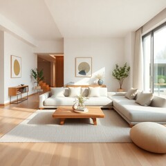 Fototapeta premium a bright and contemporary living room that emphasizes simplicity and comfort. Sofa. Coffee Table. Lighting. Rug. Decorative Plants. Artwork. Accent Chair