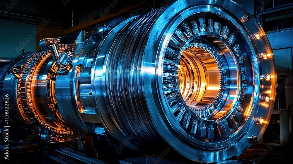 Poster industrial turbine engine featuring advanced technology and complex design in a dark environment wit