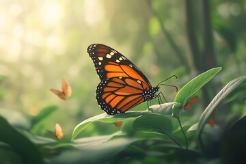 Fototapeta premium Monarch Butterfly in Lush Forest, a Tranquil Scene of Nature's Beauty