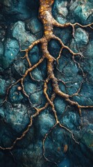 Obraz premium Mesmerizing abstract textural background featuring the intricate organic patterns and fractures of dark grungy mineral rocks and the twisting intertwined roots of a tree