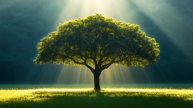 Tree in the meadow with sunbeams