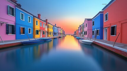 Colorful houses line a canal at sunset in Venice