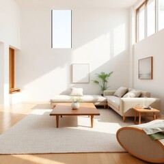 a bright and contemporary living room that emphasizes simplicity and comfort. Sofa. Coffee Table. Lighting. Rug.  Decorative Plants. Artwork. Accent Chair

