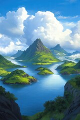 Serene Landscape of Mountains and Islands Under Bright Sky