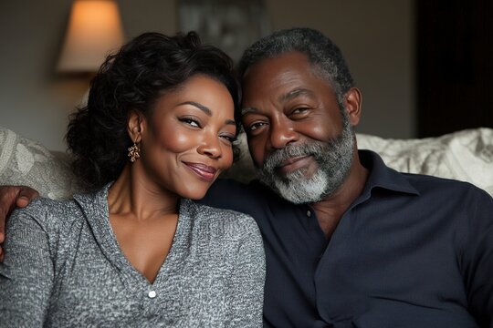 Happy senior African American couple relaxing on sofa at home.