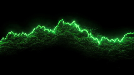 Glowing green data visualization wave on black background, financial market analysis trading view chart concept