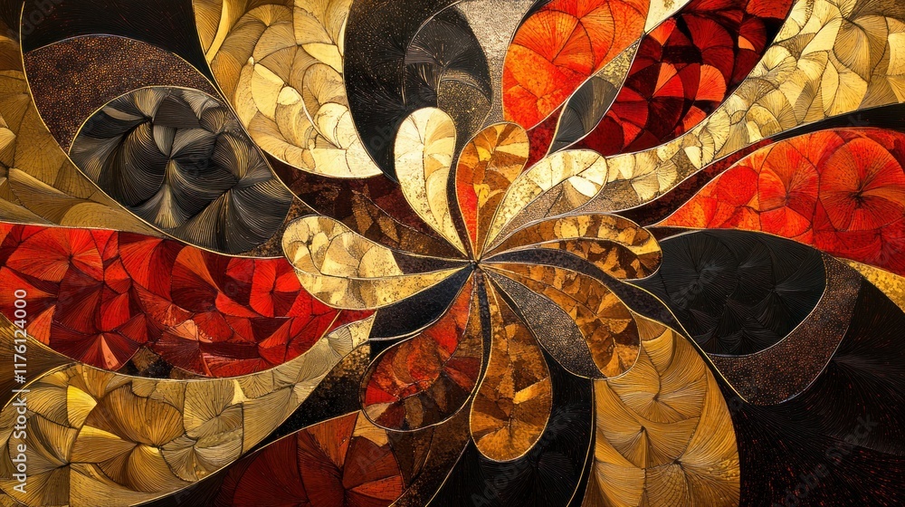 Poster abstract art with vibrant warm tones and unique patterns creating a dynamic floral design, perfect f