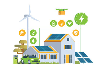 Fototapeta premium Modern Smart Home with Renewable Energy. Solar Panels, Wind Turbines, and Electric Vehicle. Green Concept. Editable Vector Illustration