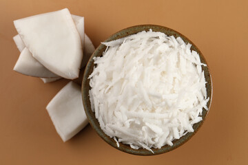 Desiccated coconut in ceramic bowl 
