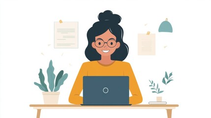 Vibrant Illustration of a Person Working Happily on a Laptop at Home Surrounded by Plants and Office Decor