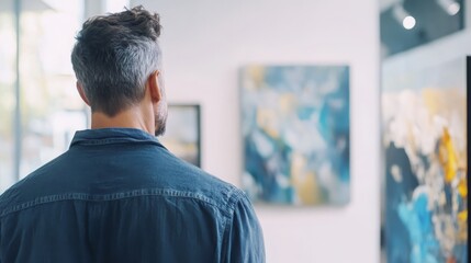 Thoughtful man admiring contemporary artwork in a bright gallery space with colorful abstract paintings on the walls surrounded by natural light