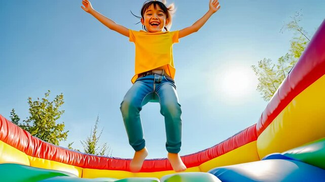 A joyful young girl of Asian descent jumps excitedly on a vibrant bouncy castle, radiating happiness. It's a sunny day, creating a cheerful atmosphere filled with laughter and playfulness.
