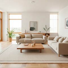 a bright and contemporary living room that emphasizes simplicity and comfort. Sofa. Coffee Table. Lighting. Rug.  Decorative Plants. Artwork. Accent Chair

