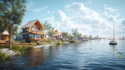 Fototapeta premium Charming Lakeside Village with Tranquil Waters and Picturesque Wooden Houses in a Serene Landscape Perfect for a Peaceful Retreat