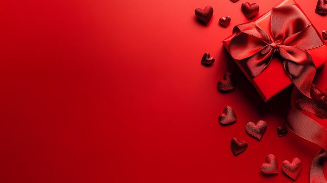 Romantic gift box on red background with heart-shaped decorations for special occasions