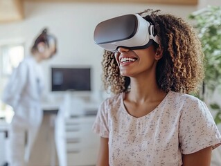 Fototapeta premium Happy woman using VR headset, smiling.