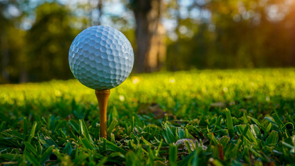 Golf ball on tee in a beautiful golf course with morning sunshine.