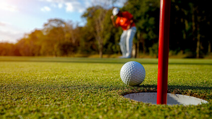 Golfers are putting golf in the evening golf course golf backglound. Golfer hitting golf ball.
