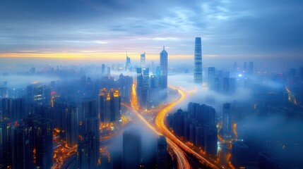 Fototapeta premium Misty Cityscape Sunrise Over Urban Skyline Illuminated Roads