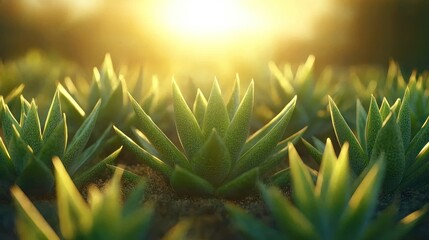 Fototapeta premium Sunset illuminates succulent plants.