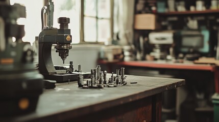 Vintage Workshop Scene with Precision Tools and Metal Components on a Wooden Table Surrounded by Industrial Equipment and Natural Light Streaming Through Windows