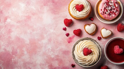 Flatlay photography setup featuring artisanal pastries and Valentinethemed desserts