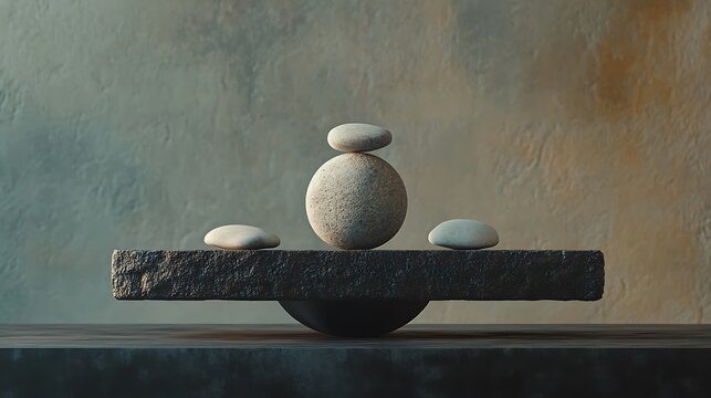 Generative art featuring stones balanced on a dark plank supported by a circular rock in natural tones
