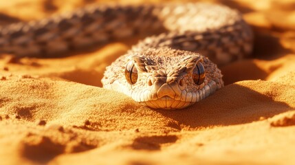 Obraz premium A sand viper buried in desert dunes, only its head visible as it blends with the golden sand 