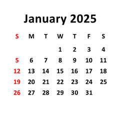 January 2025. Calendar with holydays or red dates. monthly calendar design with week starts on sunday. printable, simple, and clean vector design isolated on white background.