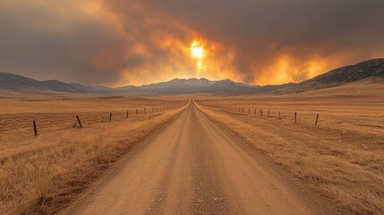 Naklejka premium Sunset over a deserted dirt road with wildfire smoke in the background.