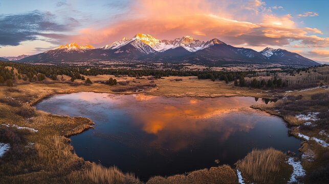 A breathtaking panorama showcasing a serene mountain landscape at sunset. The peaks are bathed in golden light, while the sky transitions from soft orange to deep blue, adding dramatic flair. A reflec