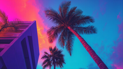 Synthwave palm trees silhouette against neon sky, retro Miami vaporwave aesthetic